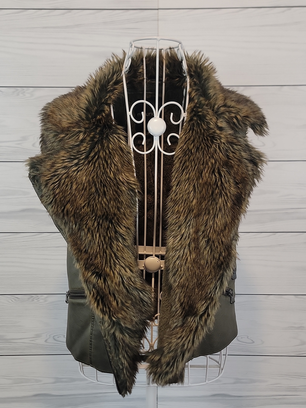 Maurices Olive Green Vest with Brown Faux Fur Lining Womens Size S
